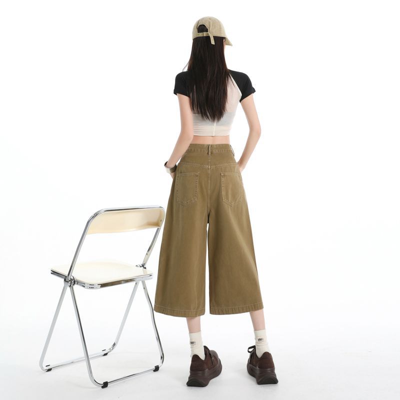 Street Style Washed Pleated Pocket Casual Pants For Women Loose Wide Leg Cropped Capri Pants Versatile Loose Straight Slimming FigureFlattering Design