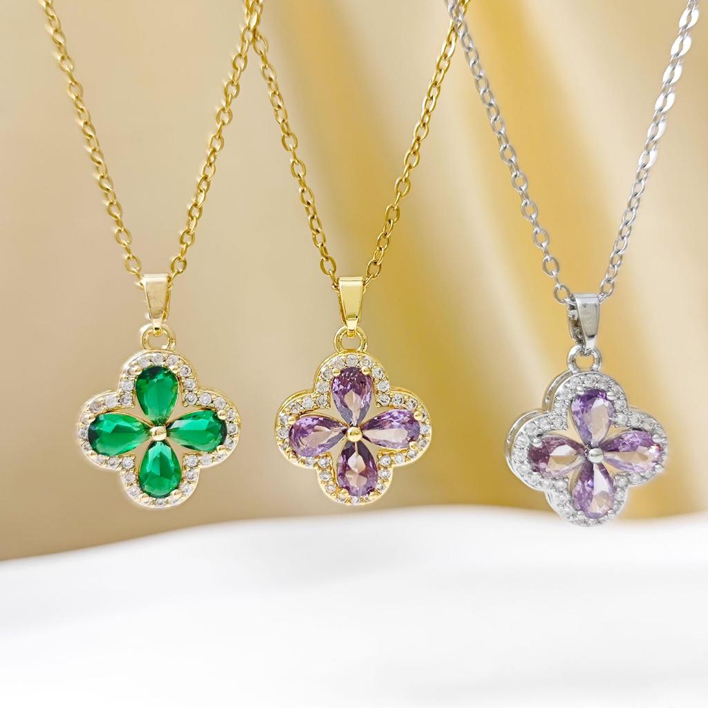 Violet Rhinestone Four-Leaf Clover Titanium Necklace for Women - Elegant, Versatile Clavicle Chain, Luxe Accessory
