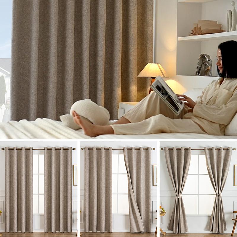 Solid Color Linen Texture Blackout Curtain with Black High Precision Thermal Insulated Sun Blocking Hotel Home Homestay Decor