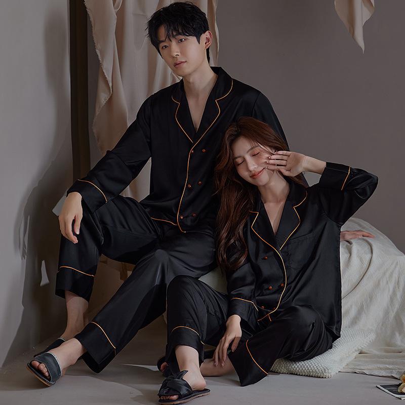 Couple's Pajama Set Spring Summer Fall Ice Silk Satin Double-Breasted Wooden Button Long Sleeve Top and Pants Women's Loungewear