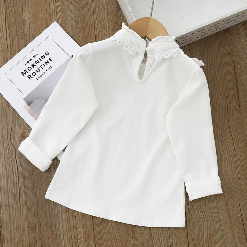 Girls' White Lace Trim T-shirt with Turn-down Collar - Autumn Style