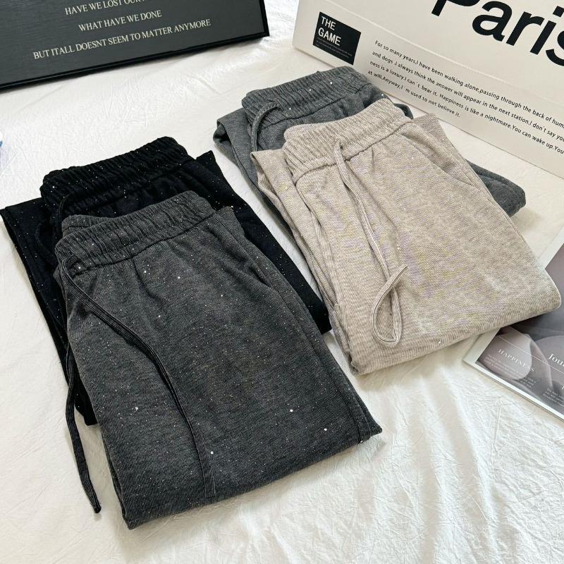 Autumn Winter Elastic High Waist Loose Casual Sequins Wide Leg Pants Women All-match Straight Sweatpants Trousers