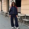 2026 European and American color matching sports suit women's stand-up collar zipper loose jacket wide-leg sweatpants two-piece set