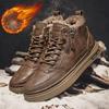 Fashion Mens Boots Winter Fashion High Top Leather Shoes Brown Black Ankle Boots Short Plush Lace-up Cotton Shoes Male Sneakers New