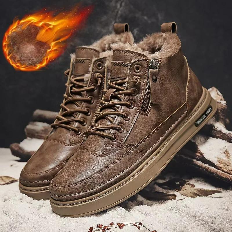 Fashion Mens Boots Winter Fashion High Top Leather Shoes Brown Black Ankle Boots Short Plush Lace-up Cotton Shoes Male Sneakers New