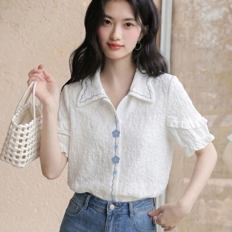 Ladies' Floral Embroidered Shirt Female Turn-Down Collar Butterfly Sleeve Blouse Summer New Korean Style Versatile Top