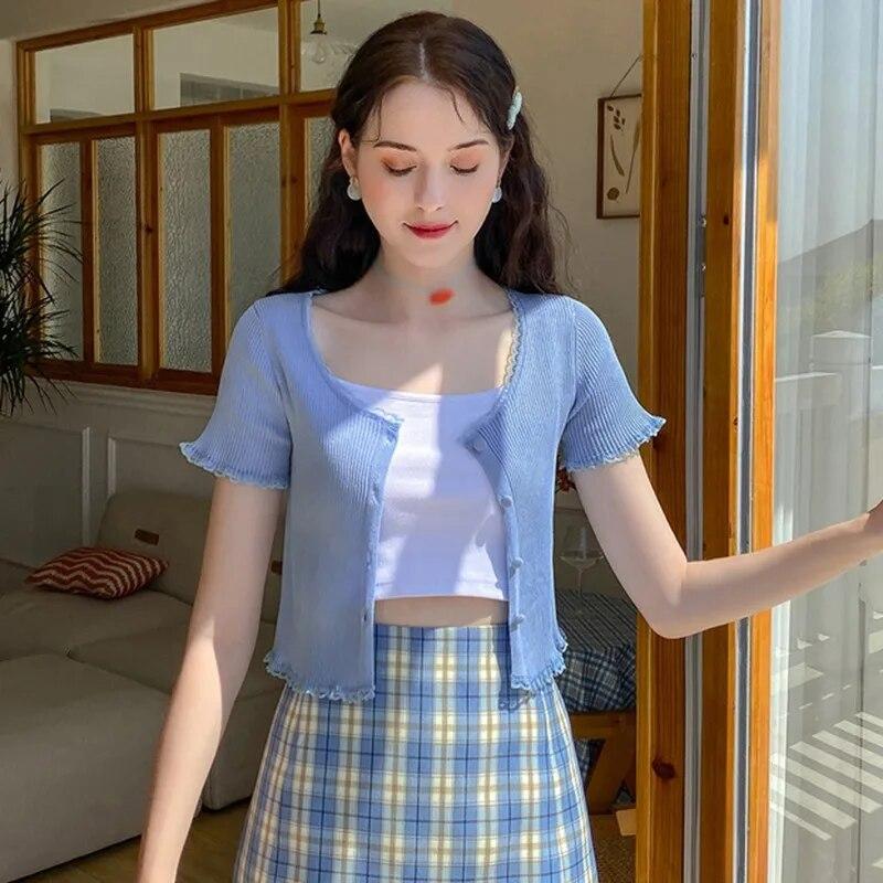 Women's O-neck Button Short Exposed Navel Knitted Short-sleeved T-shirt Cardigan