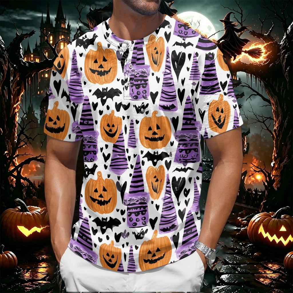 Men's Halloween Print Short Sleeve Henley Shirt Casual Round Neck Tee with Button Detail Suitable for Seasonal Wear