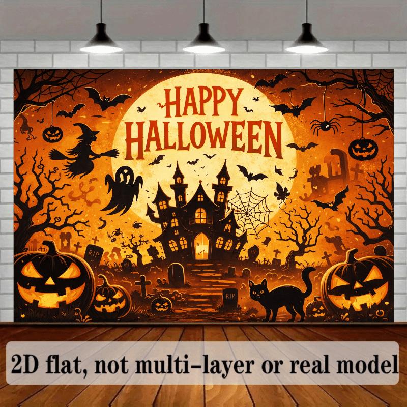 2D planar Halloween party banner background. Halloween theme featuring pumpkin lanterns flying witches and ghosts.zyc