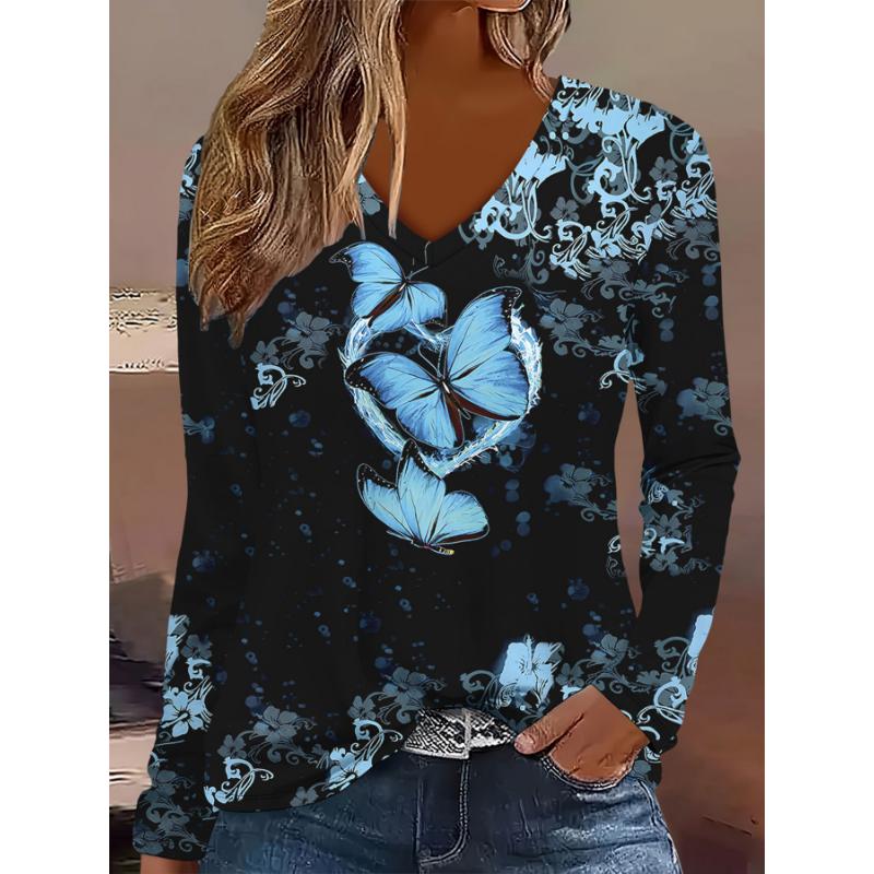 Übergröße Europäische und Amerikanische Mode 2025 Damen Elegantes V-Ausschnitt Langarm T-Shirt