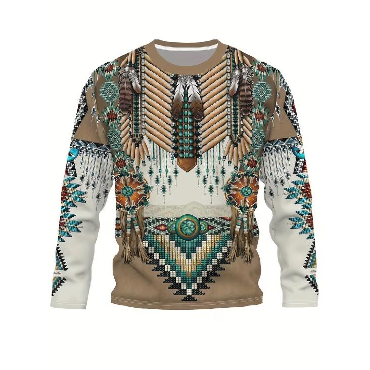 New Long Sleeve T-Shirt Round Neck Pullover Ethnic Style Casual 3D Print Men's