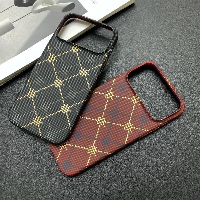 Plaid Apple Hot Stamping Luminous Phone Case - Carbon Fiber Texture for iPhone 16 Pro Max, Skin-Feel Protective Cover for iPhone 14/15.