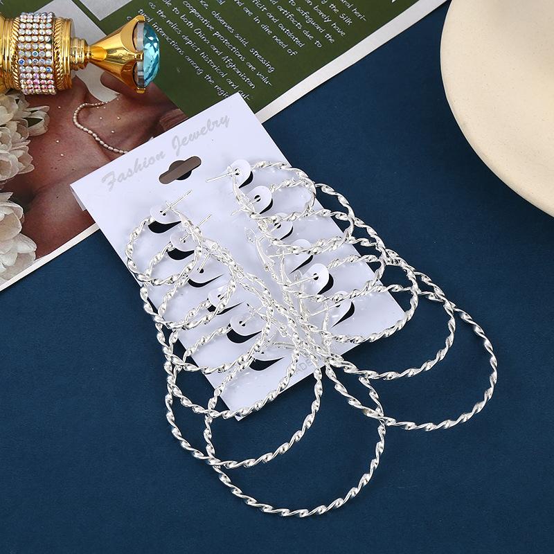 

Six Pairs Temperament Fashion Geometric Metal Twisted Large Small Circle Hoop Earrings for Women Korean Designer Jewelry Sets серебряный