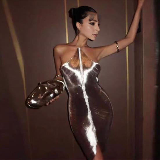 Women Party Dress Glossy Tassel Halter Neck Backless Sleeveless Split Hem Solid Color Slim Fit Off Shoulder Club Party Banquet Mini Dress