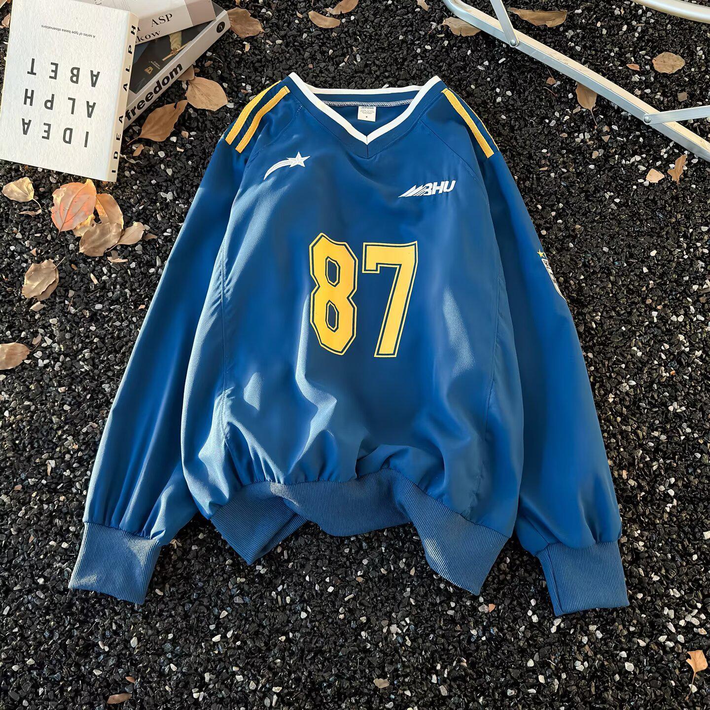 

Unisex Blue V-Neck Color Block Hoodie - Casual Sporty Style with Digital Print in Silk Cotton 2XL синій