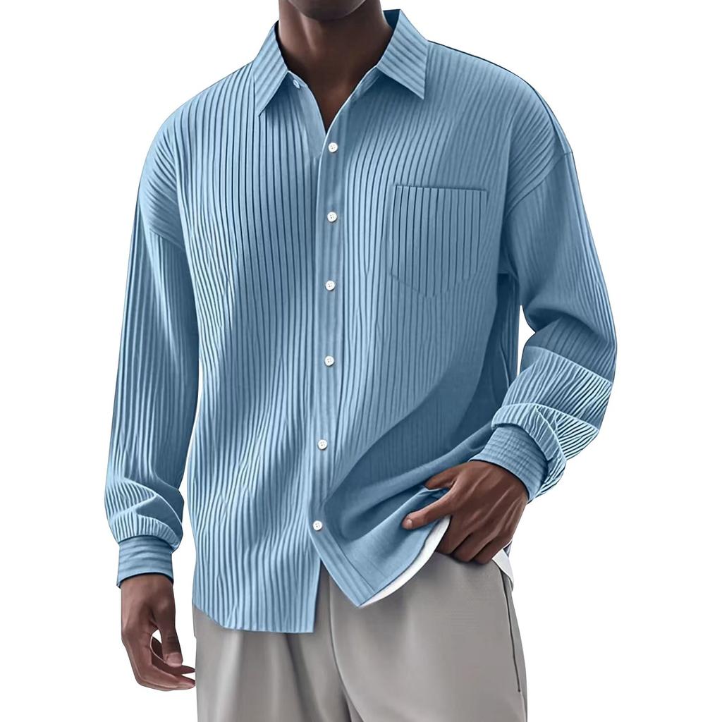 Men's Summer Solid Color Stripe Lapel Long Sleeved Shirt Men's Casual Fashion Long Sleeved Shirt