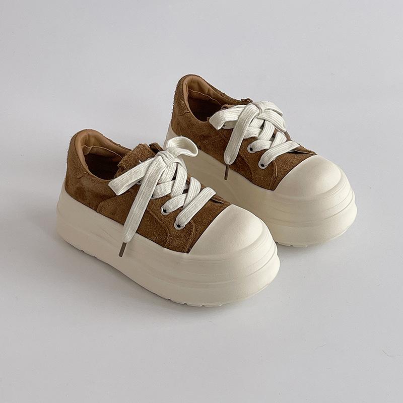 Fashion Versatile Round Head Thick Sole Heightening Commuter Suede Casual Shoes Women's 2025 Spring and Autumn New Big Head Thick Board Shoes
