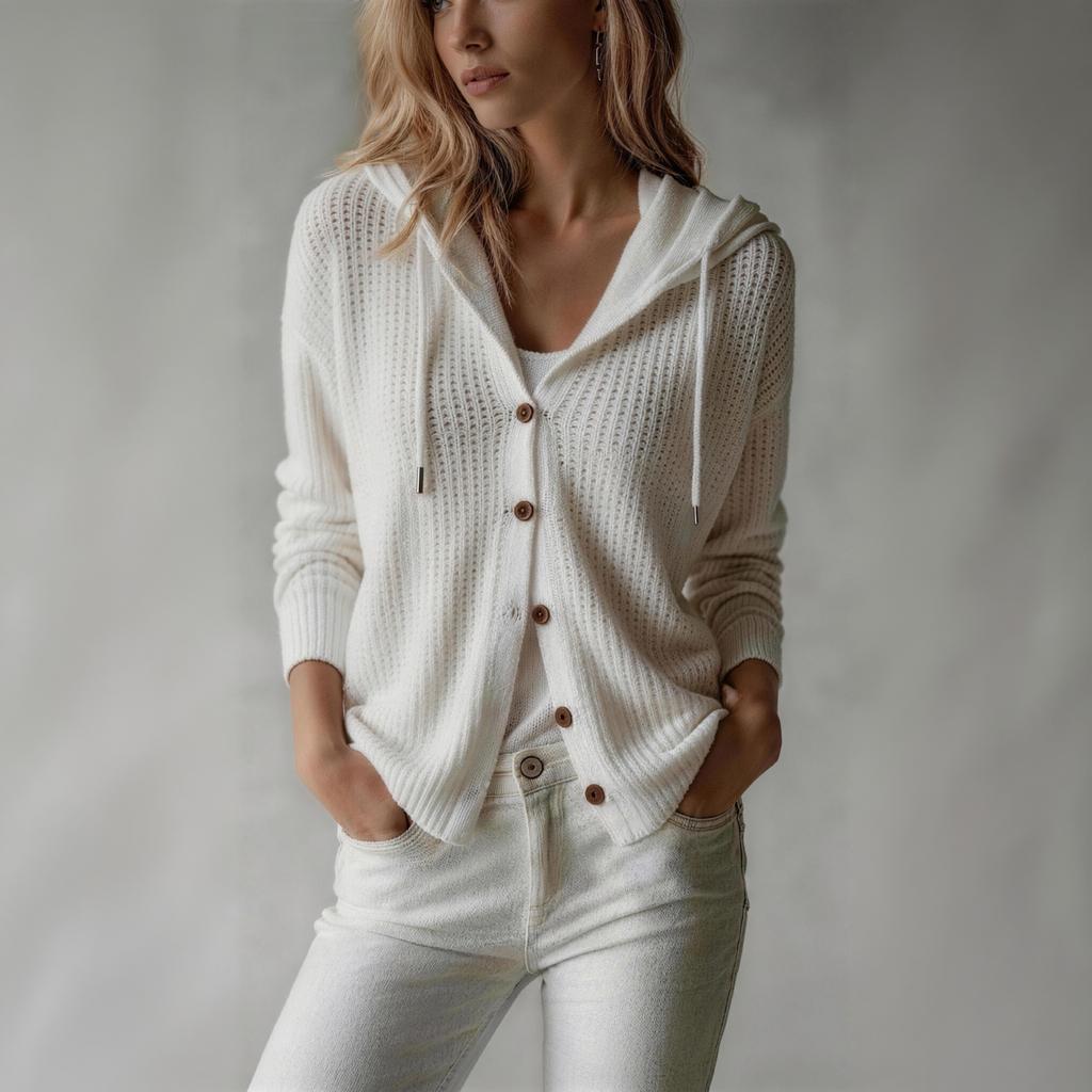 Women's Hooded Knit Cardigan Color Loose Fit Lightweight Outerwear Top for Casual Everyday Wear
