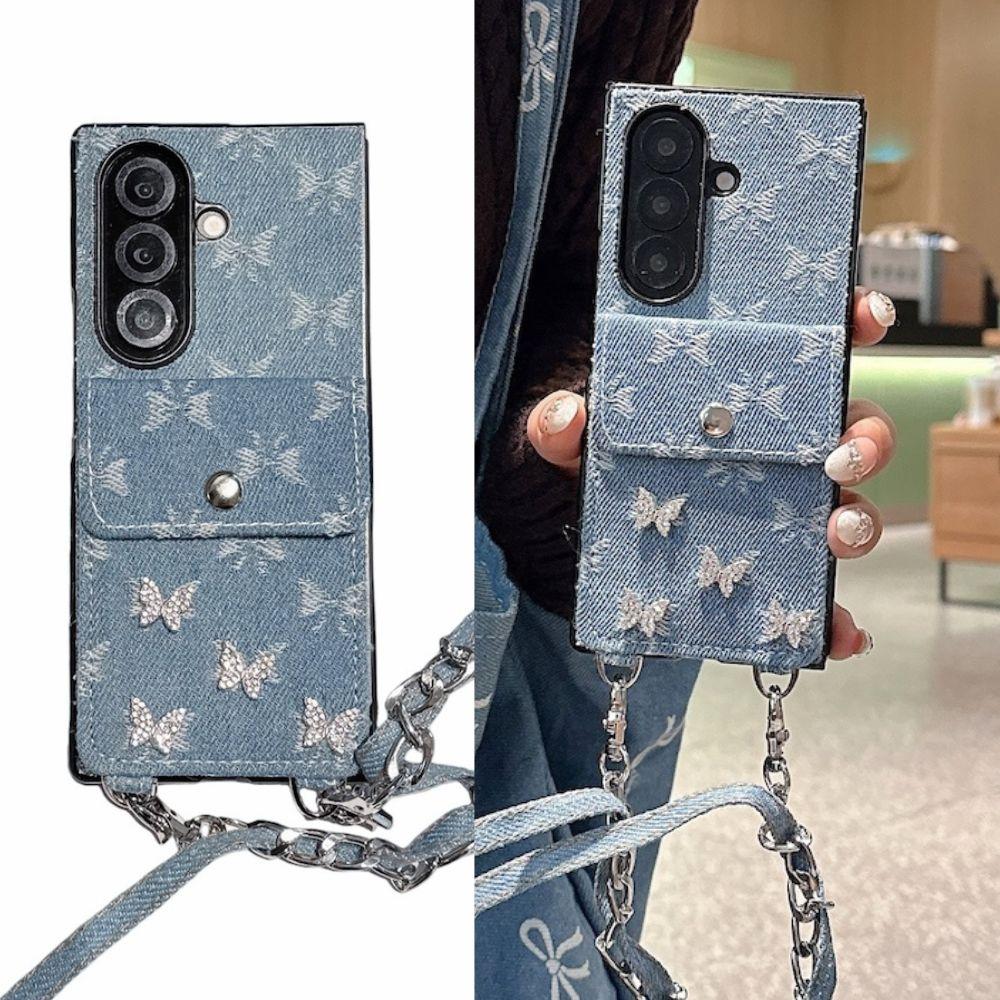 Z Fold 7 Case Luxury Denim Jeans Glitter Butterfly Wallet Phone Cover for Samsung Galaxy Z Fold 6 4 5 Card Holder Wrist Strap