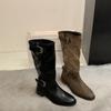 Autumn and winter new retro metal buckle matte stacking boots thick heel round head medium tube boots handmade boots