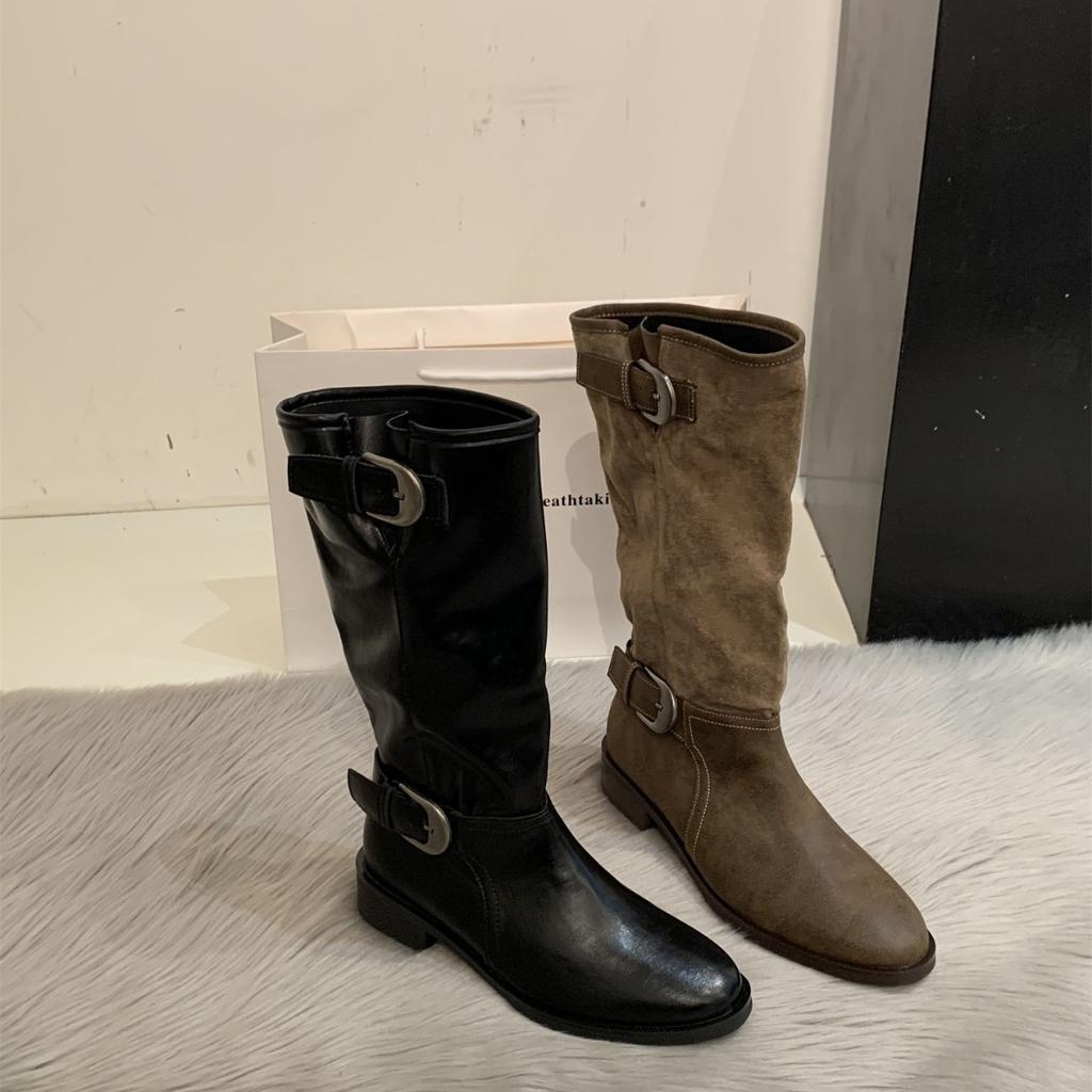 Autumn and winter new retro metal buckle matte stacking boots thick heel round head medium tube boots handmade boots