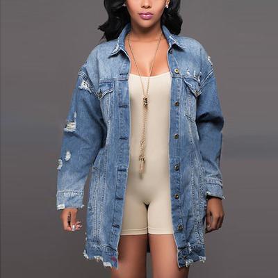 Dámská ležérní móda s dlouhým rukávem Plus Size Dark Hole Denim Trench Coat