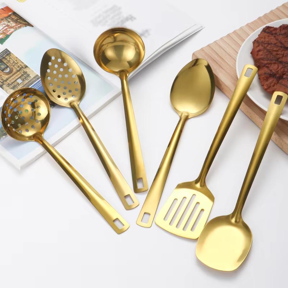 6pcs Stainless Steel Soup Spoon Set Gold/Silver Korean Hotpot Spoon Kitchen Utensil Set Cooking