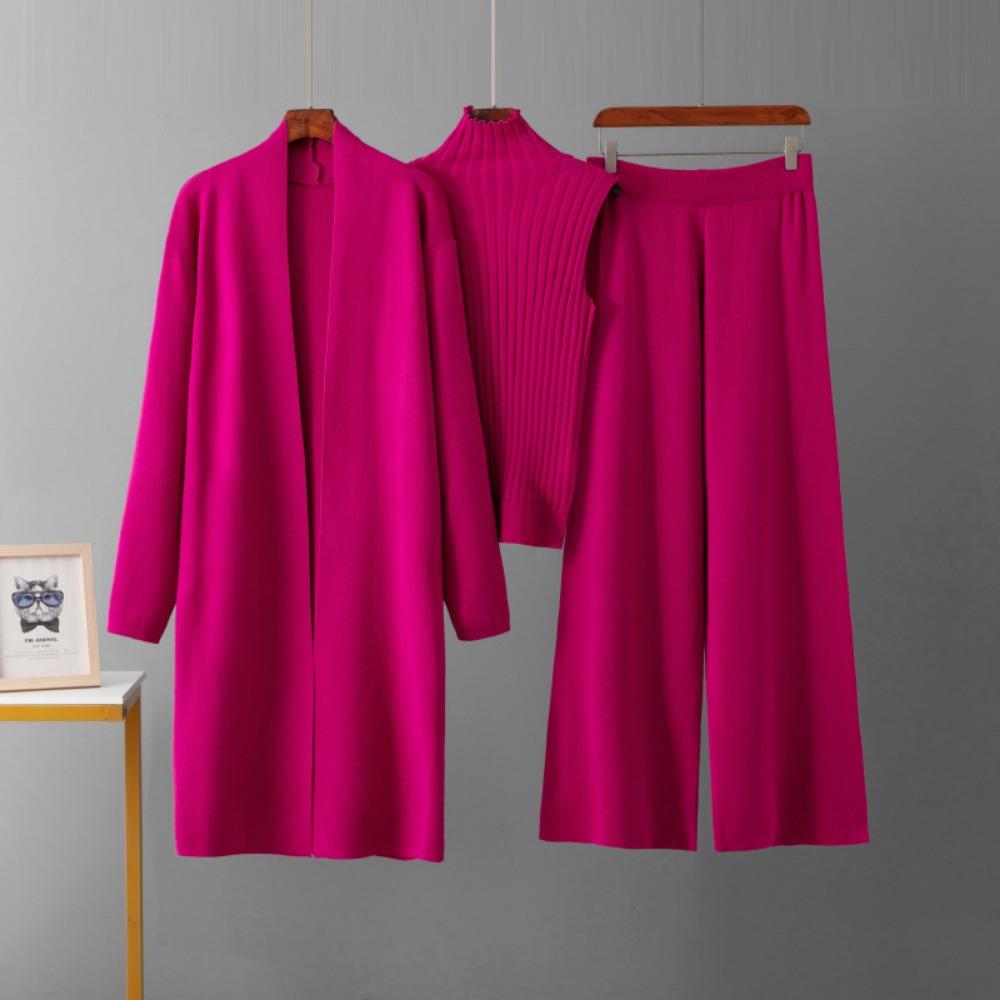 Completo Casual Monocolore alla Moda da Donna Giacca a Sciarpa Cardigan + Gilet Senza Maniche Maglia Base + Pantaloni a Gamba Larga Completo Tre Pezzi