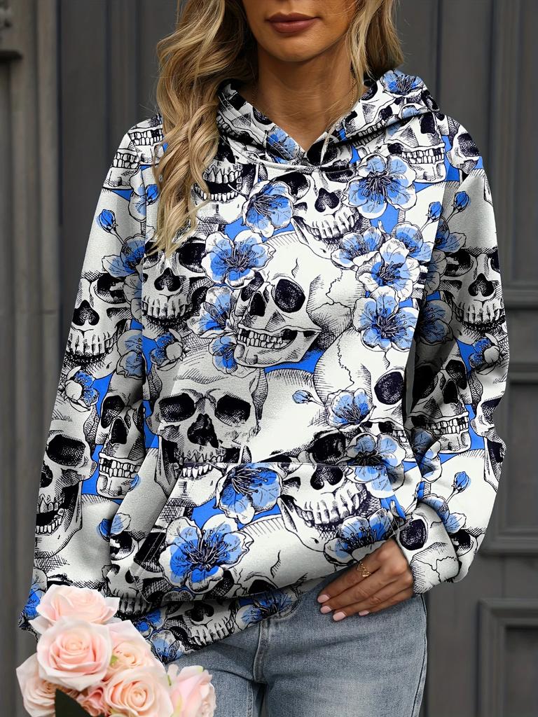 Felpe con Cappuccio Stampa 3D Teschio Floreale Autunnale Donna Moda Casual Harajuku Felpe con Cappuccio Oversize Pullover Tuta Femminile