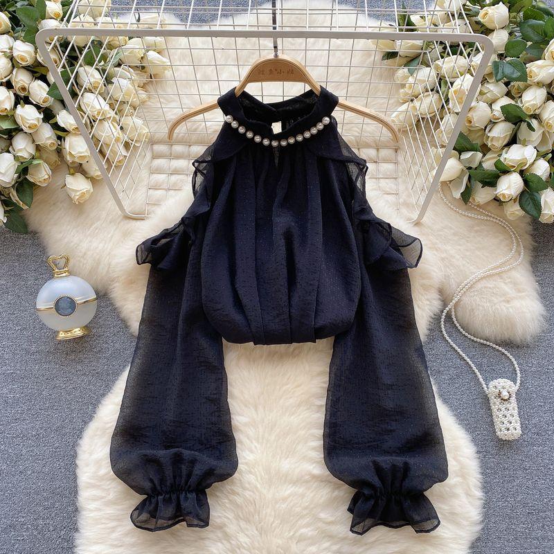 

Strapless Gentle Style Long Sleeves Heart Machine Beaded Halter Top Black One size