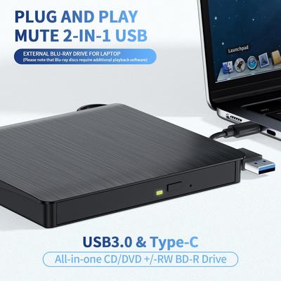 Externes Blu-ray-Laufwerk, USB 3.0 & USB-C BD-Reader, DVD/CD-Brenner – Tragbarer Blu-ray-Player mit 3D-Wiedergabe für Laptop PC Desktop