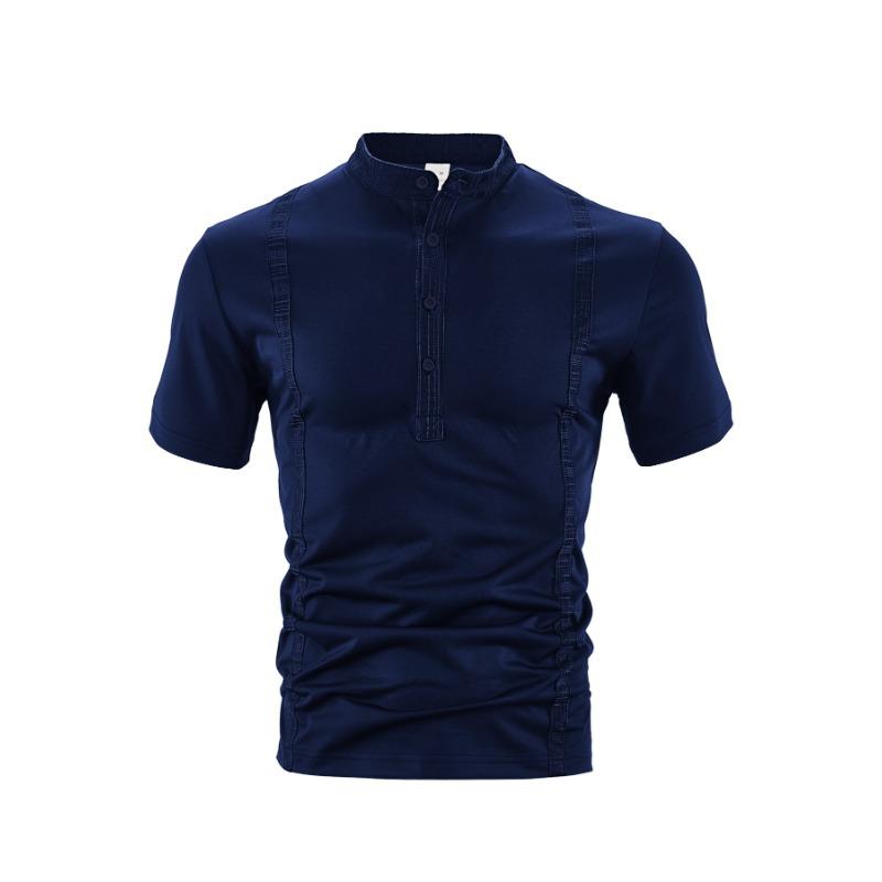 Men Stand Collar Button Placket Short Sleeve Henley T Shirt Slim Fit Casual Top