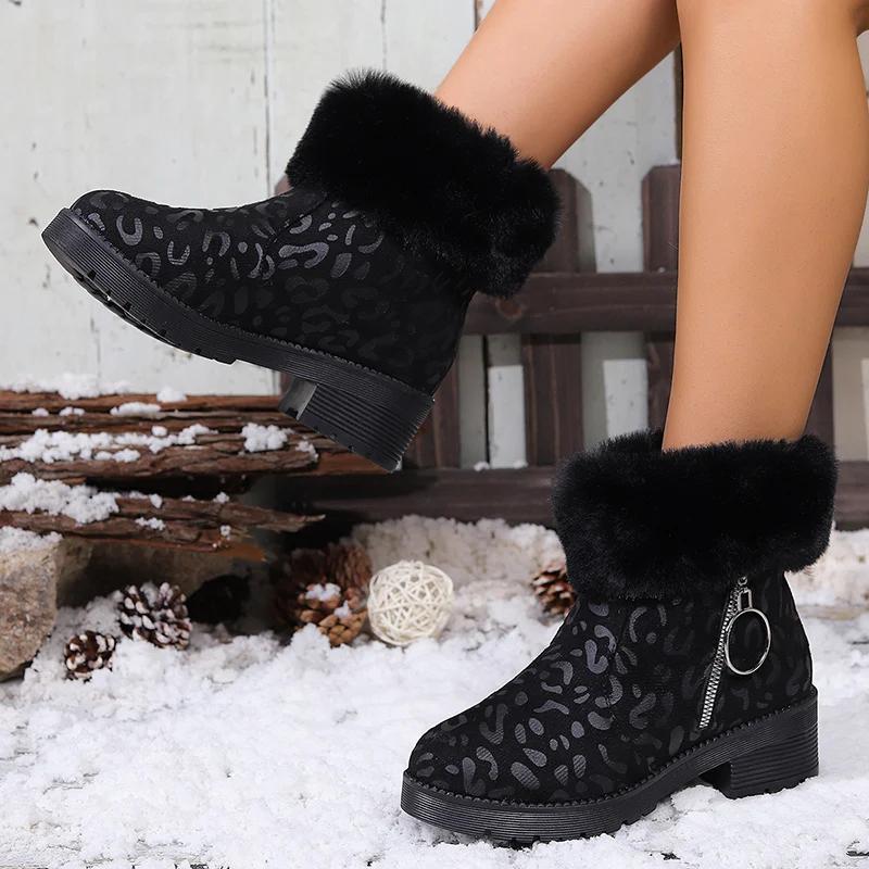 Winter Women's Boots Leopard Print Suede Ankle Boots Women Fluffy Fur Boots Winter Plush Warm Cotton Shoes Botas Invierno Mujer