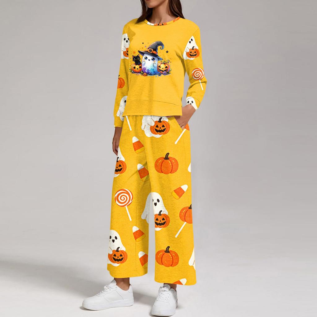 Women's Casual Round Neck Loose Fit Sweatshirt and Pants Set with Halloween Print Hem Slit for Halloween