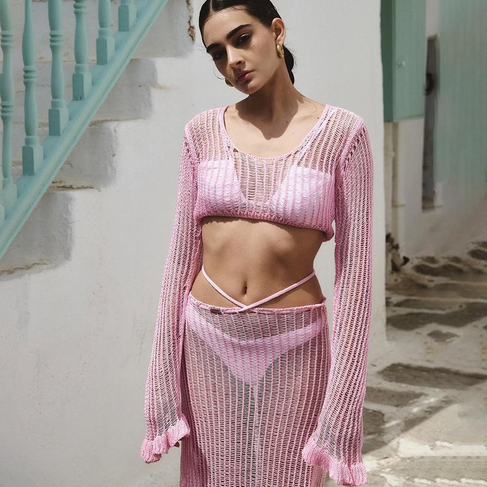 

Новая Сексуальная Ажурная Юбка Лотос Подол Вязаная Пляжная Юбка Худи Платье Бикини L розовый