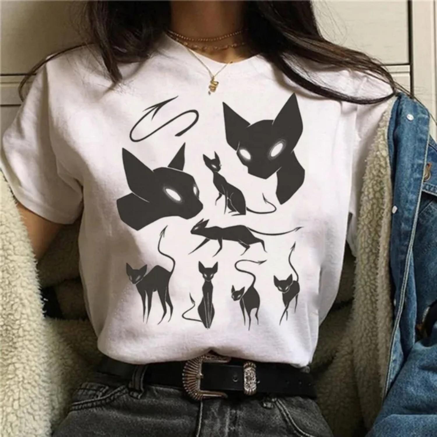 

Cartoon Black Cat Funny Spoof Europe and The United States Women s Tops Trend Versatile Ins Loose Net Red Wind Y2k Short-sleeved XXXXXL білий
