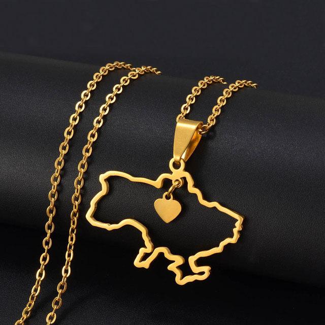 Simboli nazionali dell'Ucraina in acciaio inossidabile con mappa scavata, collana con ciondolo a forma di cuore per uomini e donne, gioielli di solidarietà ucraina Tryzub