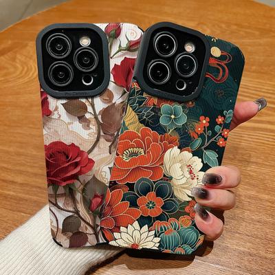 Vertikal genarbtes Leder mit floralem Druck, weiche Silikon-Handyhülle, Rückseite, mit vollem Kameraschutz für Samsung