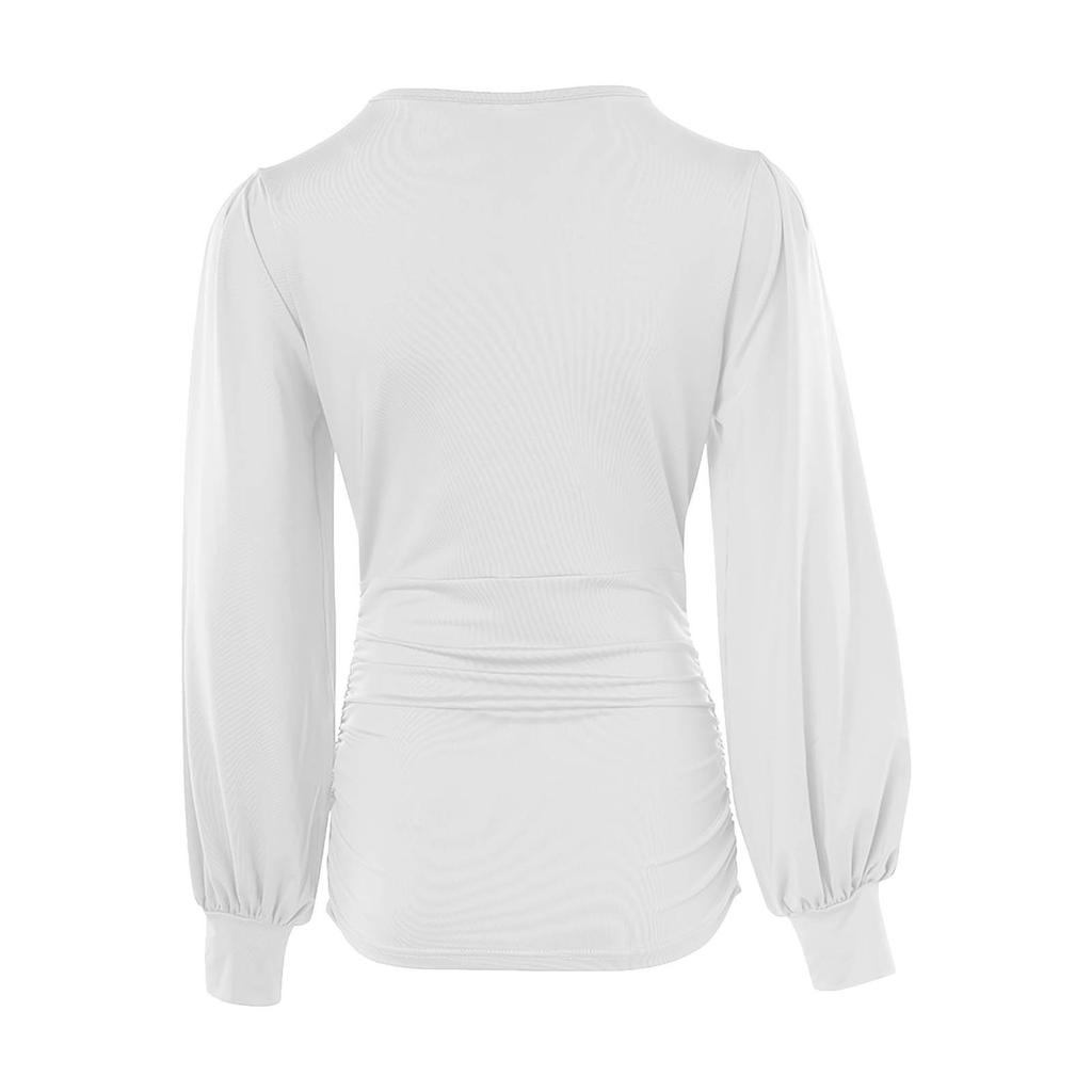 Long Sleeve For Women Fashion V Neck Retro Print Waist Wrapped Top T-shirt