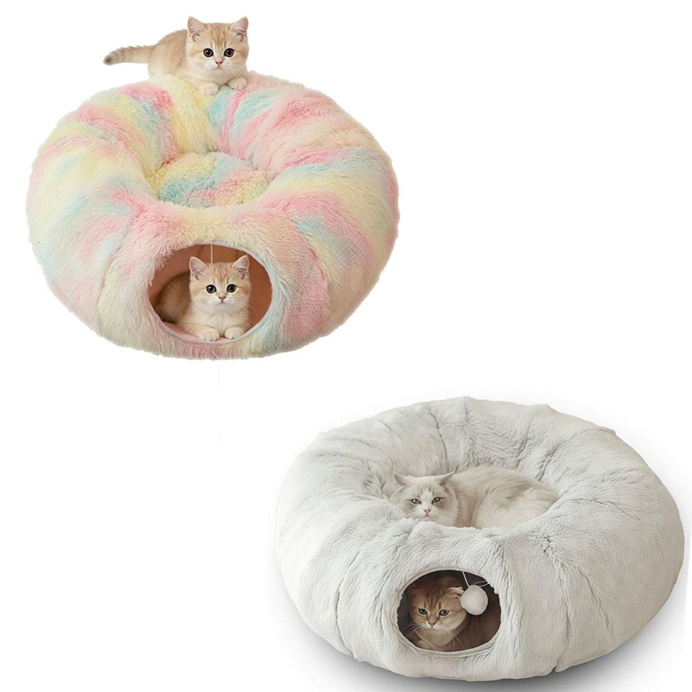 2-in-1 Cat Tunnel Bed, Multifunctional Cat Tunnel Toy & Cozy Peekaboo Donut Cat Bed Cave, Foldable Tunnel for Pet Hide&Seek (as the picture,Rainbow Color)