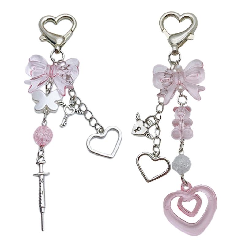Elegant Bowknot Bead Heart Keyring Pendant Keychain Accessory Charm for Women