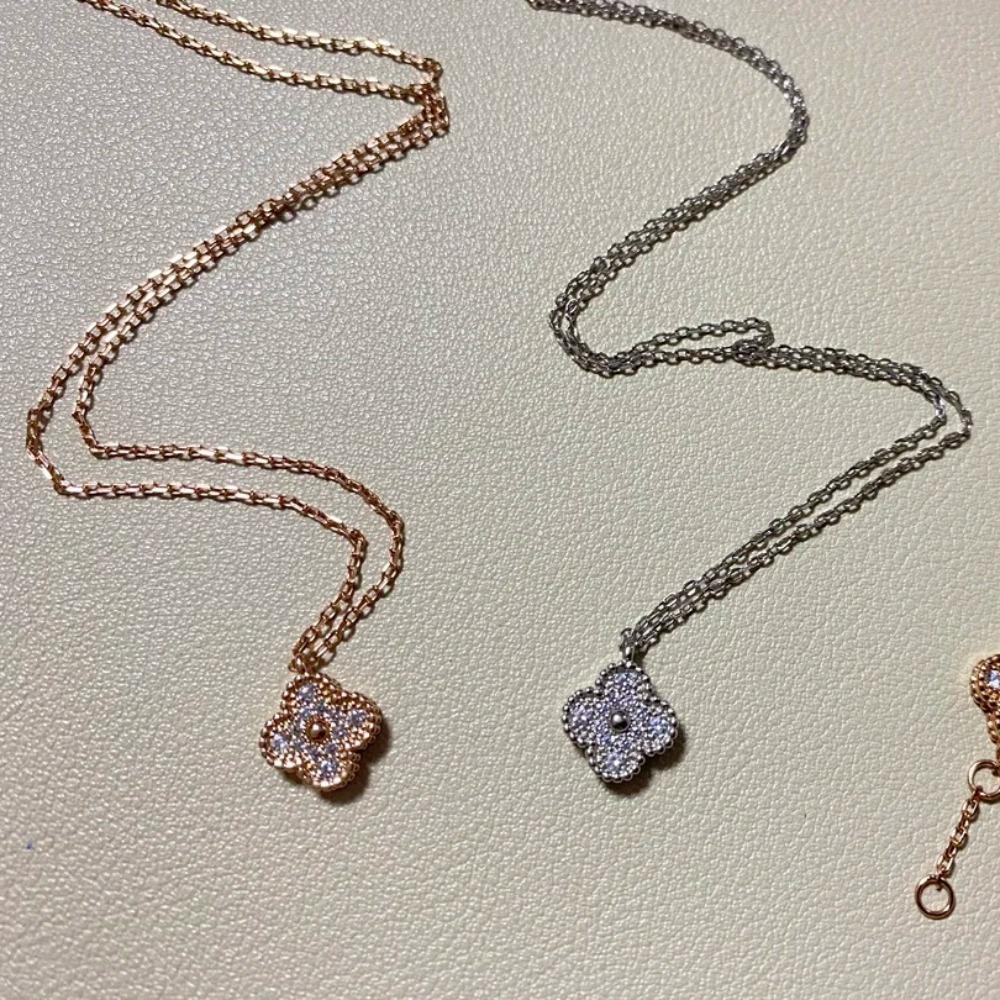 Women Jewelry Set Mini Clover Bracelet Full Diamond Earrings Champagne Gold Necklace Ring