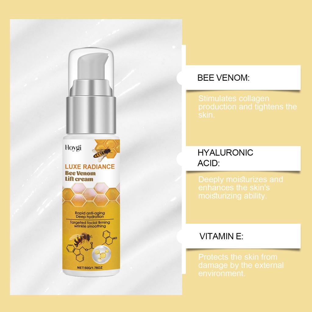 Krem do natychmiastowego liftingu twarzy z jadem pszczelim, Zawiera witaminę E, Napina i ujędrnia skórę, Wygładza drobne linie i zmarszczki | Bezalkoholowy z kwasem hialuronowym