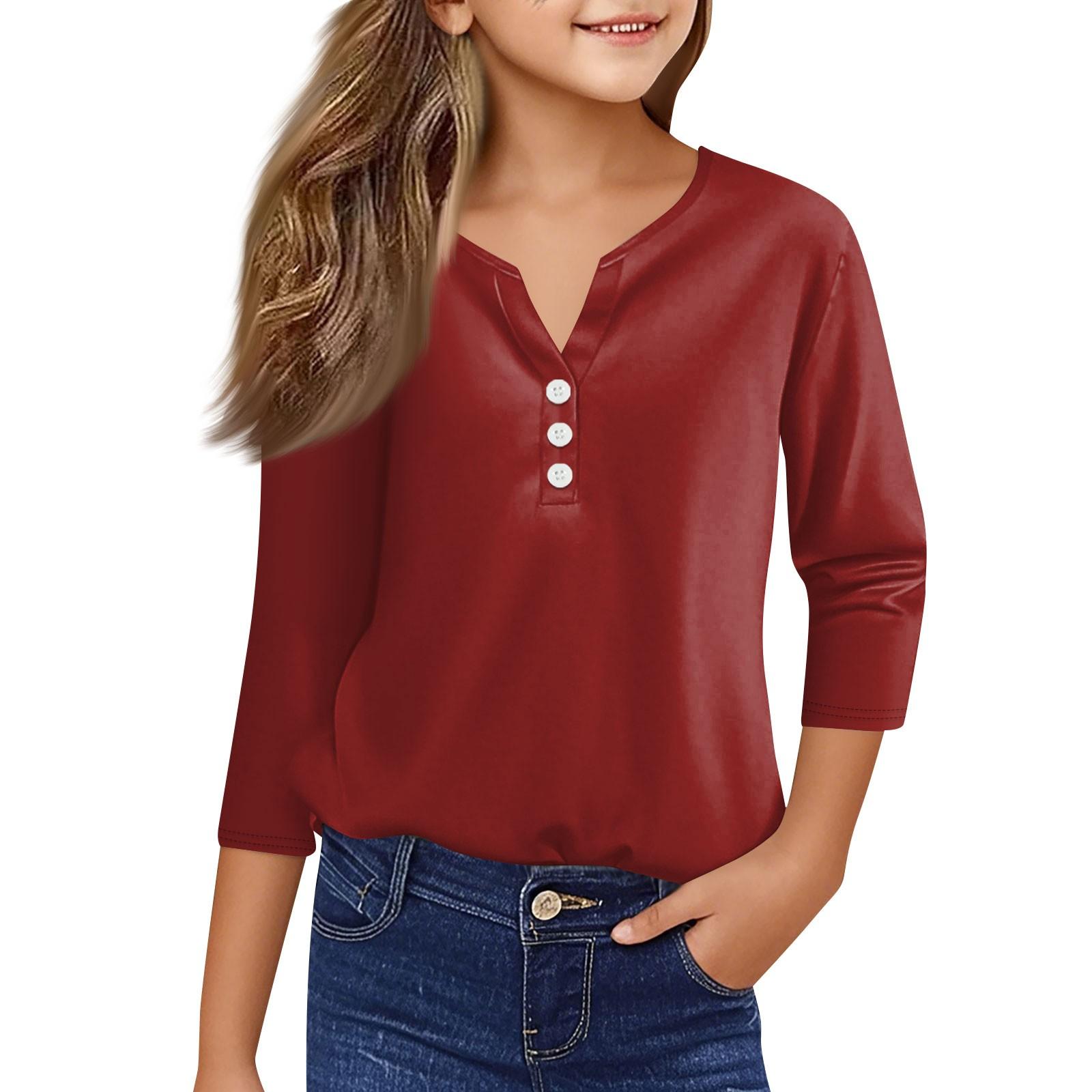 

Повседневные модные топы для девочек, однотонная футболка с семью рукавами и пуговицами 120 красный