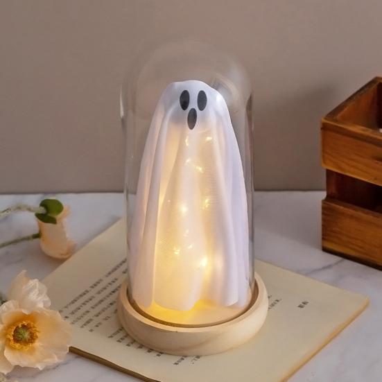 Halloween Ghost Decor Light Up Ghost in Glass Cloche with Wood Base Cute Ghost Night Light Decoration for Table Shelf Fireplace Room Decor