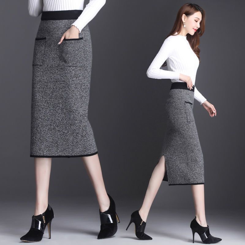 Warm Knitted Plaid Skirt High Waist Women Autumn Winter Split Bodycon Skirts