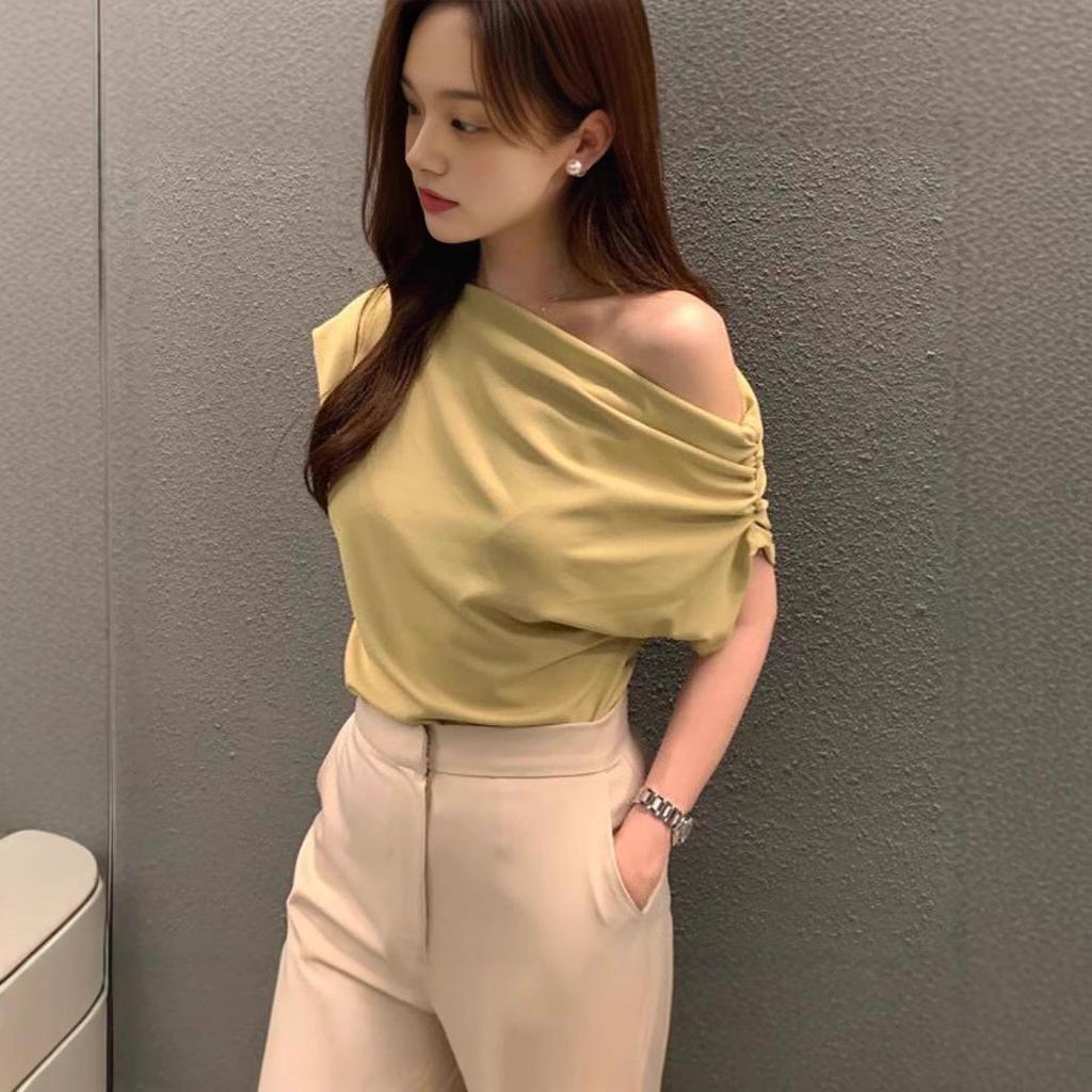 Korean Chic One-Shoulder Irregular Loose Solid Color Pullover T-Shirt
