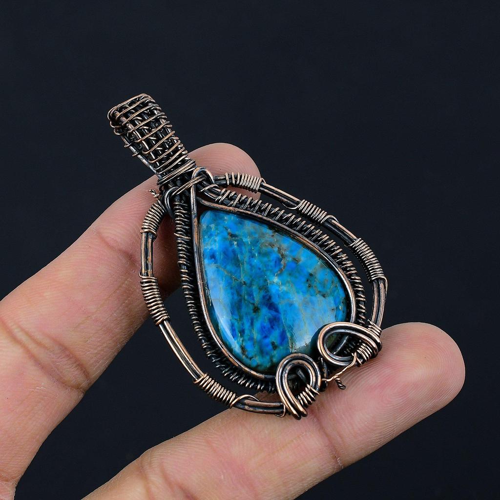 Neon Blue Apatite Gemstone Pendant 999 Copper Wire Wrapped Jewelry, Handmade Antique Pendant Jewelry, Gift For Mother