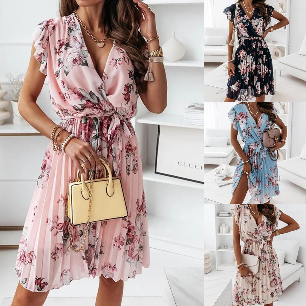 Summer Women's Ruffle Short Sleeve V-Neck Digital Printed Dresses
