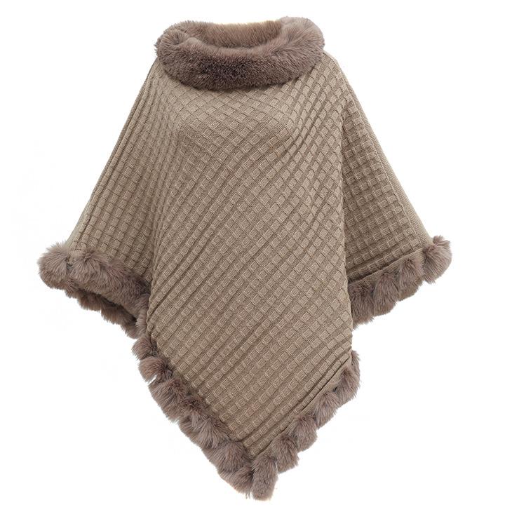 

Plus Size Irregular Faux Mink Fur Collar Knit Cape for Women 80 CM хакі